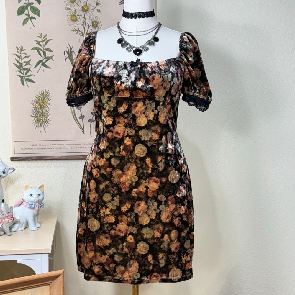 Floral Velvet Babydoll Milkmaid Mini Dress Whimsigoth Fairy Grunge Witchy S M